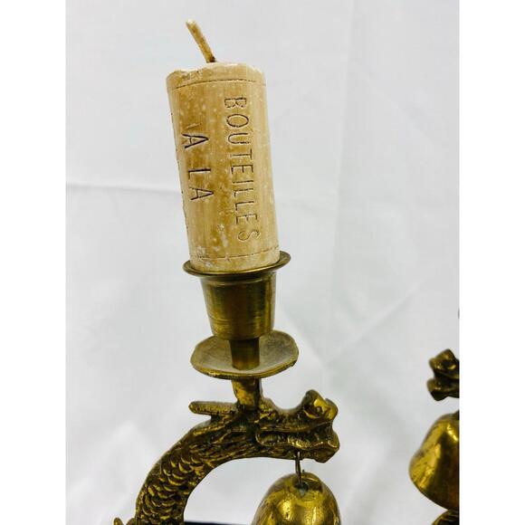 Pair of MCM Brass Dragon Candlesticks with Bell & Mallet: Asian Serpent Decor - Picture 3 of 9